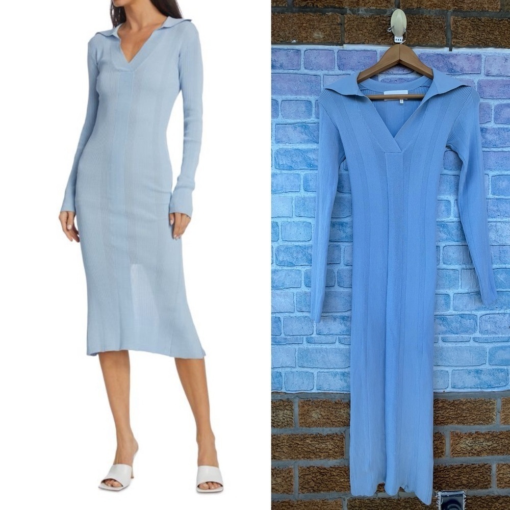 REMAIN BIRGER CHRISTENSEN Joy Fitted Knit Midi Dress In Light Blue Sz 2